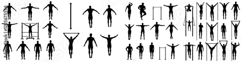 Athletes performing gymnastics in a black silhouette set, showcasing exercises on the pommel horse, still rings, parallel bars, and horizontal bar, with a modern illustration style, at the world