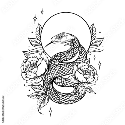 Ausmalbild mit Schlange und Pfingstrosen - Jahr der Schlange Design mit Mond und Sternen. Tattoo Outlines.