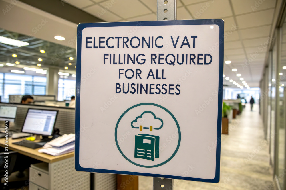 A sign indicating that electronic VAT filing is required for all businesses, displayed in a modern office environment. A sign indicating that electronic VAT filing is required for all businesses, displayed in a modern office environment.