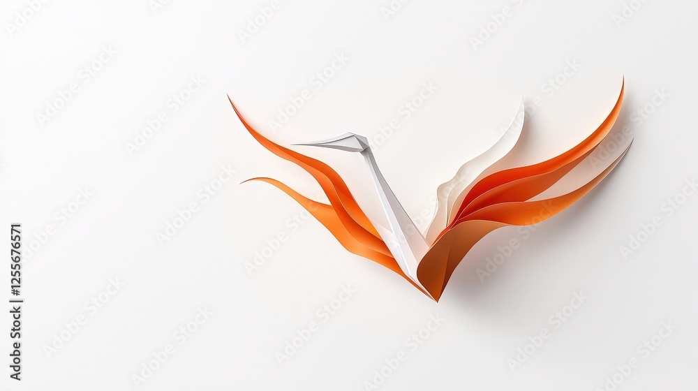 Elegant Paper Crane with Flowing Orange and White Elements Against a Clean Background Elegant Paper Crane with Flowing Orange and White Elements Against a Clean Background