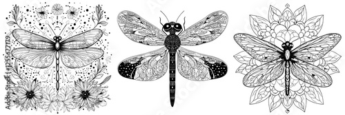 A dragonfly adorned with an Indian ethnic floral vintage pattern