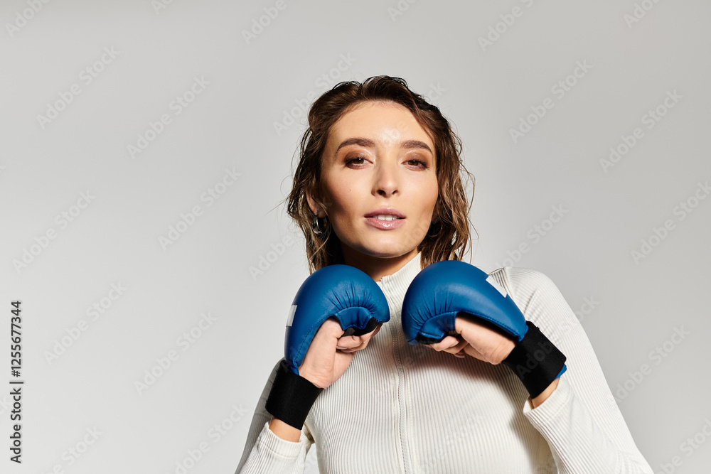 Confident young woman showcases stylish boxing gloves in modern fashion setting Confident young woman showcases stylish boxing gloves in modern fashion setting