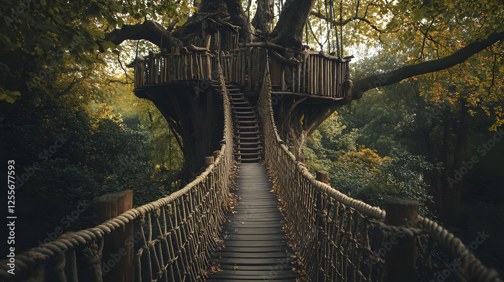 Fototapeta premium A suspended treehouse with intricate rope bridges and spiral staircases winding around the trunk.