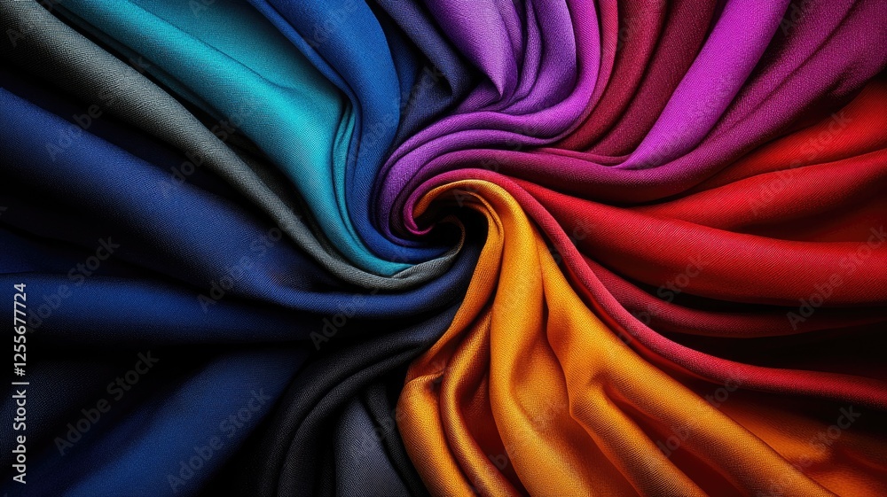 Vivid spiral of colorful fabric swatches in swirl pattern Vivid spiral of colorful fabric swatches in swirl pattern