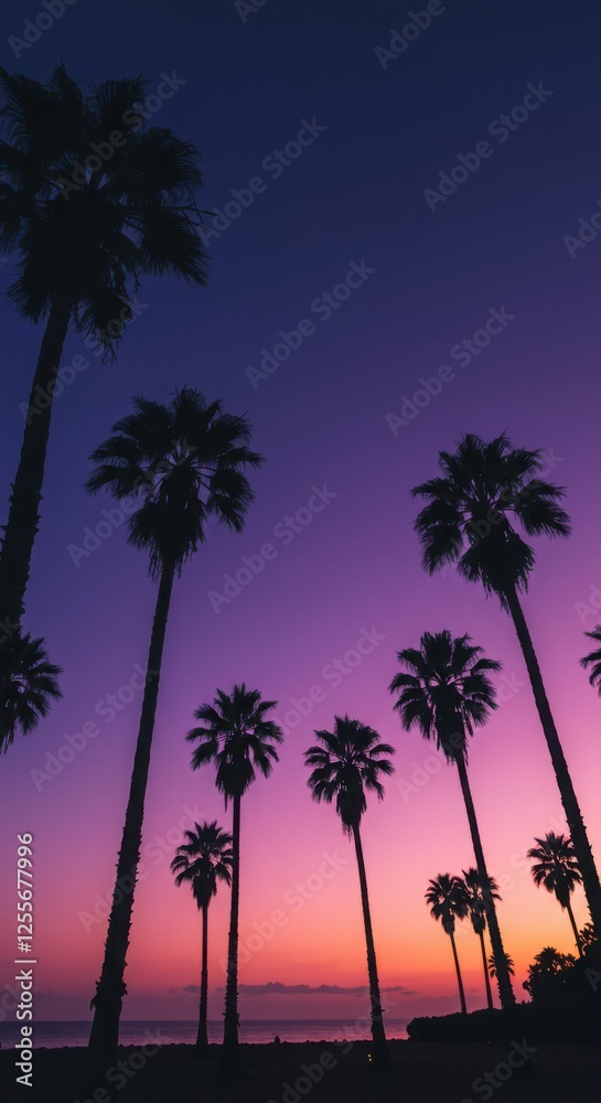 Obraz premium Silhouetted palm trees against vibrant sunset sky
