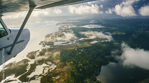 A small plane is flying over a forest and a lake