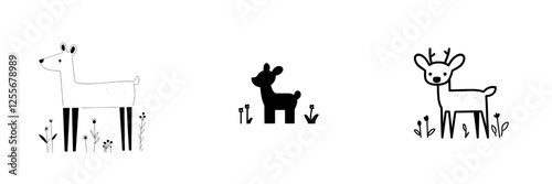 A line art contour style illustration of a noble deer in the forest, modern and isolated