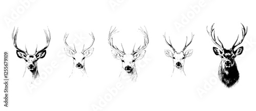 2. A modern art piece showcasing a vintage engrave of an isolated deer set, illustrated as an ink sketch with wild doe stag elements in the background
