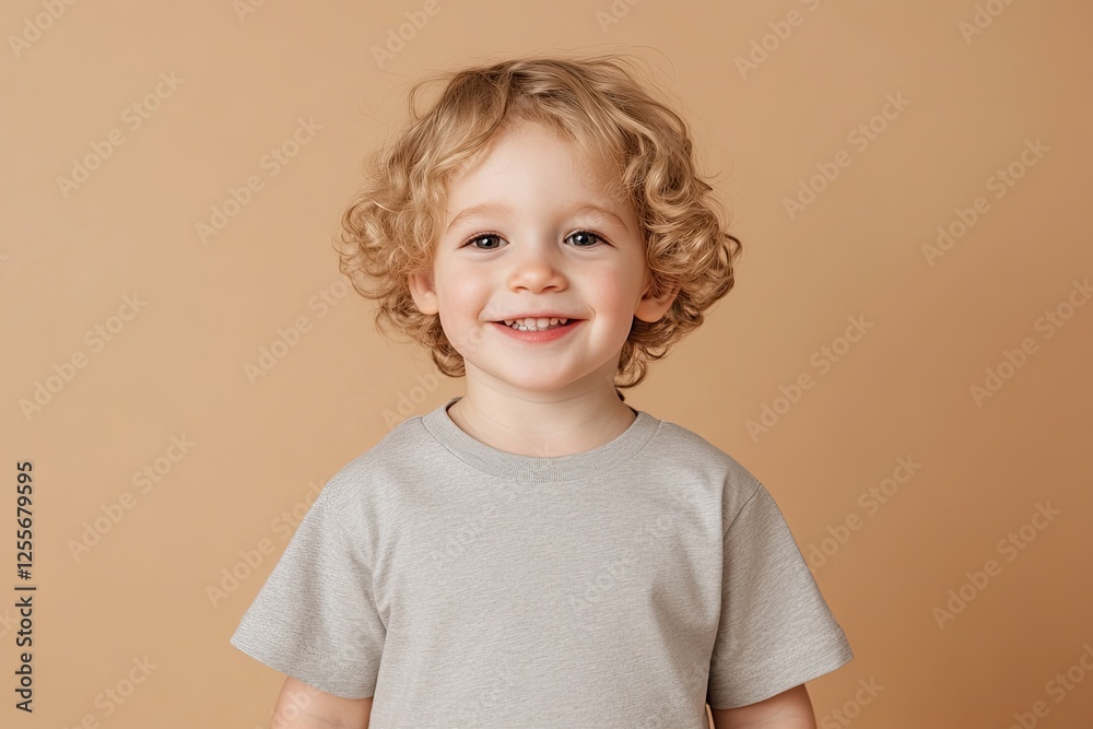 Smiling child with curly hair wears simple grey shirt against so Smiling child with curly hair wears simple grey shirt against so
