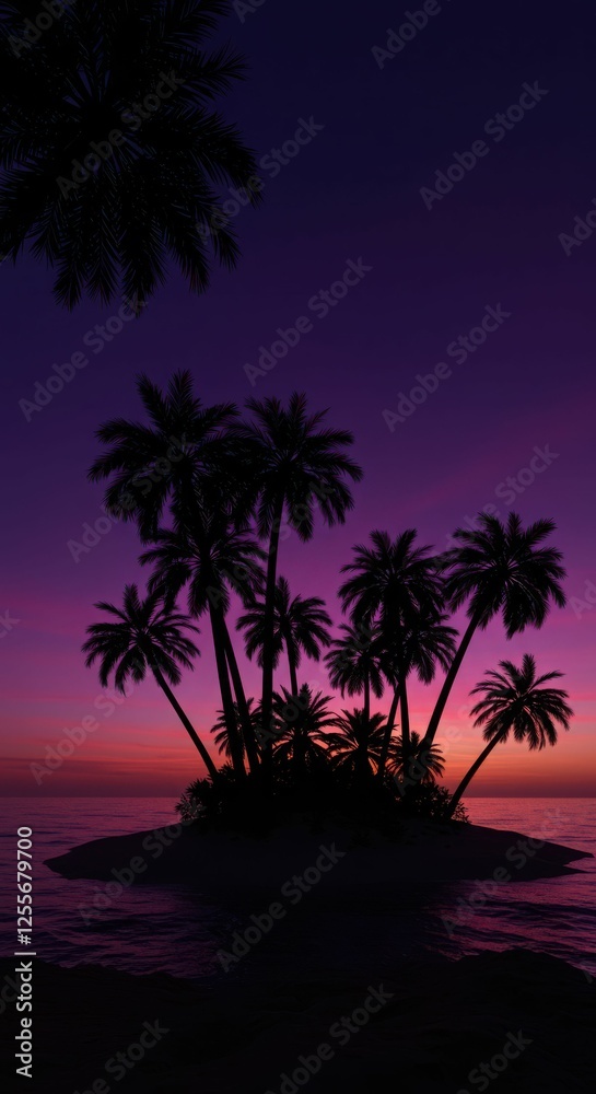 Tropical island sunset with silhouetted palm trees and vibrant sky reflections Tropical island sunset with silhouetted palm trees and vibrant sky reflections