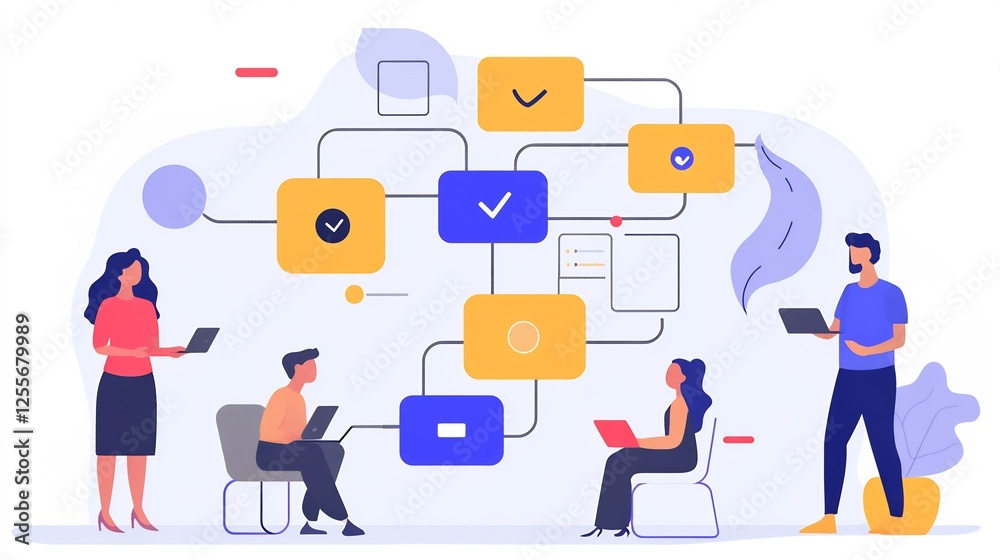 Colorful infographic like composition of entrepreneurs selecting their customer relationship model from a dynamic flowchart Colorful infographic like composition of entrepreneurs selecting their customer relationship model from a dynamic flowchart
