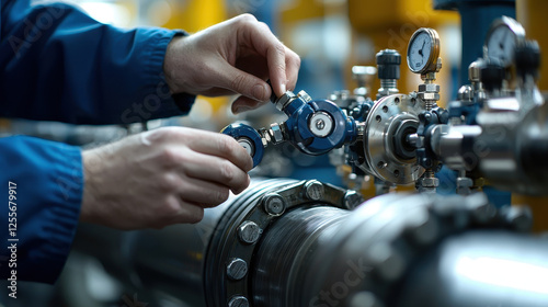 Hands adjusting pressure valves on hydraulic cylinder in factory
