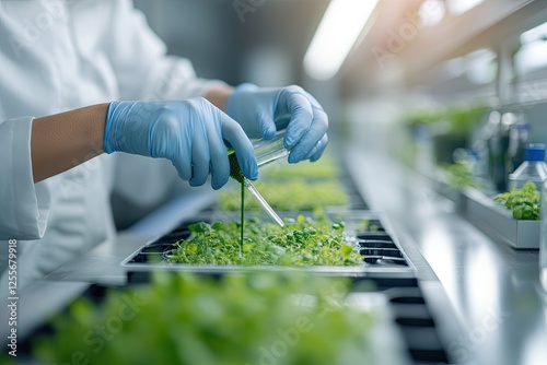 Examining vibrant green plants in lab setting highlights precisi photo