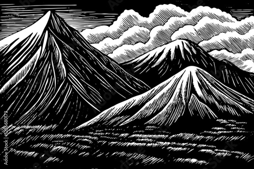 rocky mountains landscape black and white hand drawn sketch