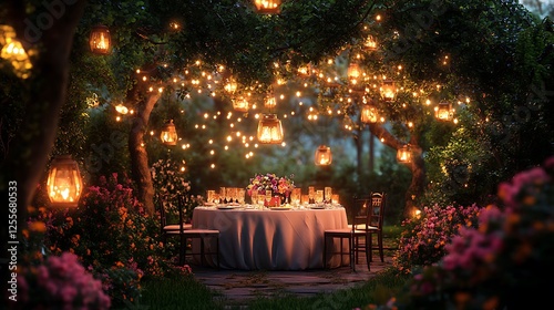 A cozy romantic garden dining scene with a round table, covered in a flowing white tablecloth, surrounded by lanterns and vibrant flowers, fairy lights intertwined in the trees above, photo