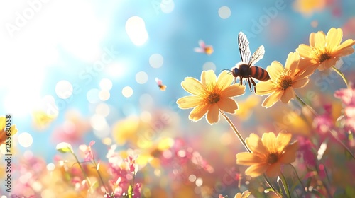 Beautiful colorful summer spring natural flower background. Bees working on a bright sunny day with beautiful bokeh	
