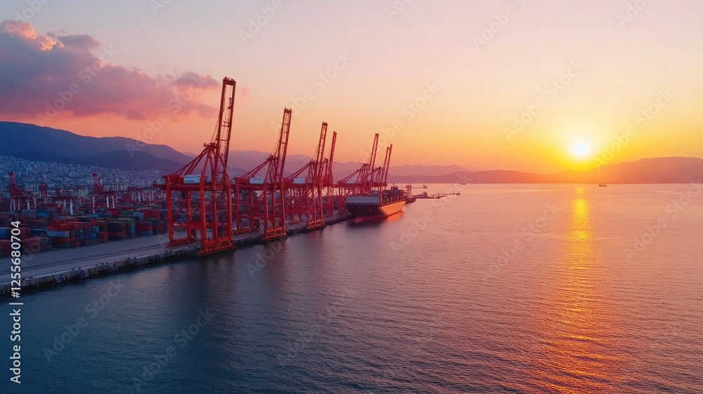 Fototapeta premium Logistics operations at twilight cargo shipping port aerial view