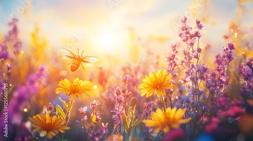 Beautiful colorful summer spring natural flower background. Bees working on a bright sunny day with beautiful bokeh	
