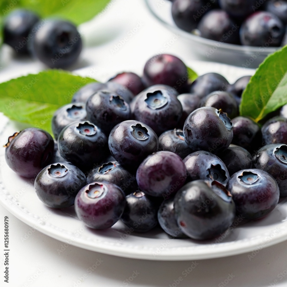 Blueberries are placed on a white plate with green leaves. Blueberries are placed on a white plate with green leaves.