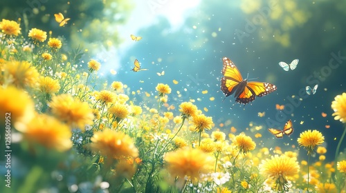 Beautiful colorful summer spring natural flower background. Butterflies working on a bright sunny day with beautiful bokeh	
