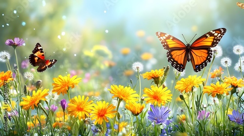 Beautiful colorful summer spring natural flower background. Butterflies working on a bright sunny day with beautiful bokeh	
