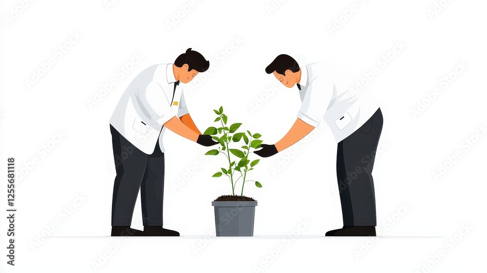 Two Men in Lab Coats Care for a Young Plant in a Pot on a White Background Two Men in Lab Coats Care for a Young Plant in a Pot on a White Background