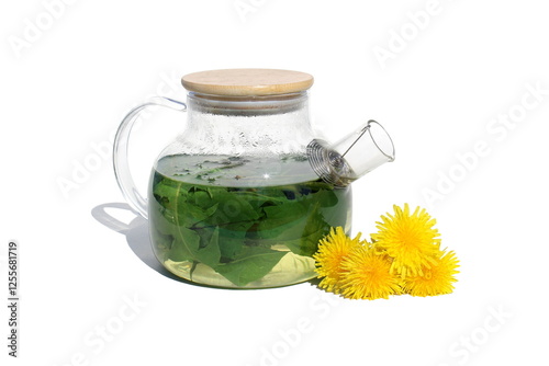 On a white background there is a teapot with a decoction of dandelion leaves.