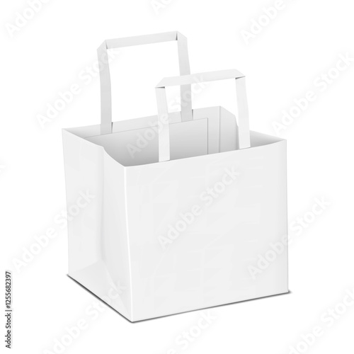 Blank tape handle square paper carrier bag isolated on white background. Realistic 3d vector mockup. Takeout food package with side gusset and flat bottom. Mock-up. Template for design