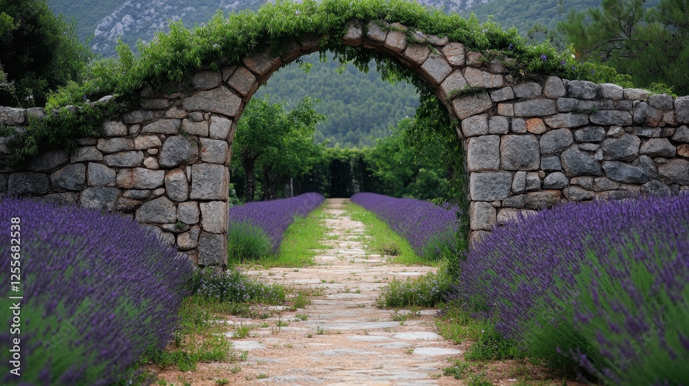 Obraz premium Fragrant lavender field leading to a stone archway covered in climbing roses.