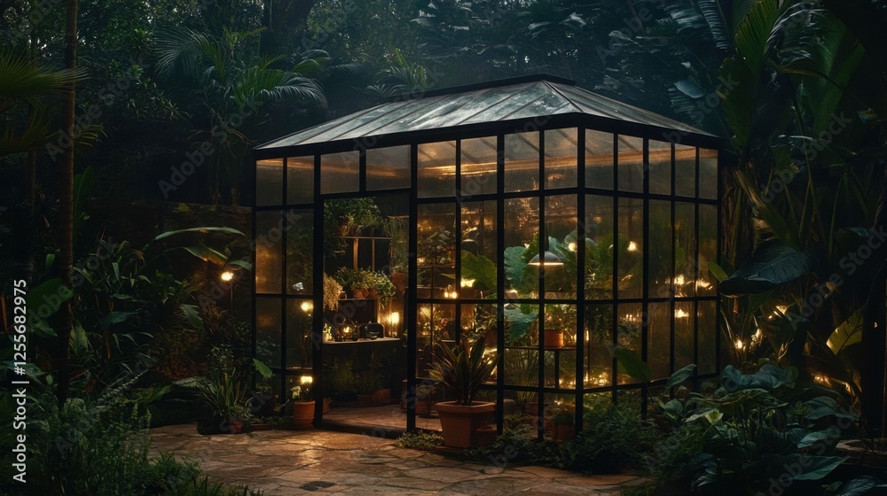 Glass-enclosed indoor greenhouse with a variety of exotic plants and warm lighting. Glass-enclosed indoor greenhouse with a variety of exotic plants and warm lighting.