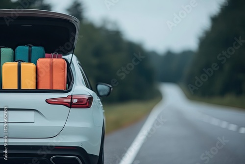 Car trunk filled with colorful luggage, showcasing travel readin photo