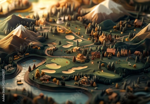 Scenic 3D Illustration of Golf Course and Mountain Landscape View