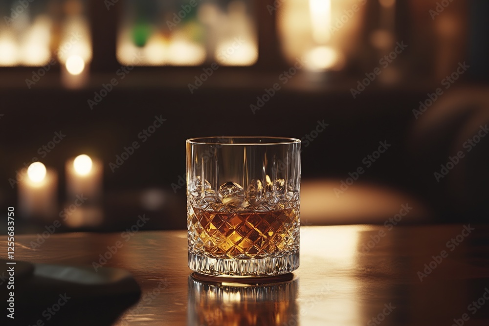 Whiskey Drink in Crystal Glass on Table at Night with Warm Lighting Whiskey Drink in Crystal Glass on Table at Night with Warm Lighting