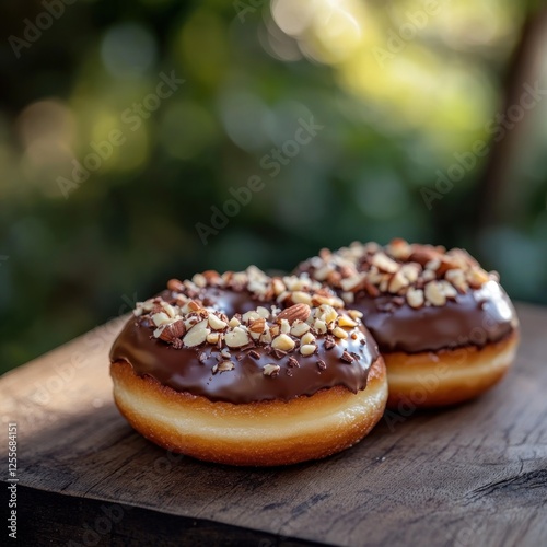Chocolate donuts with almonds, outdoors, wooden board, blurred background, food photography