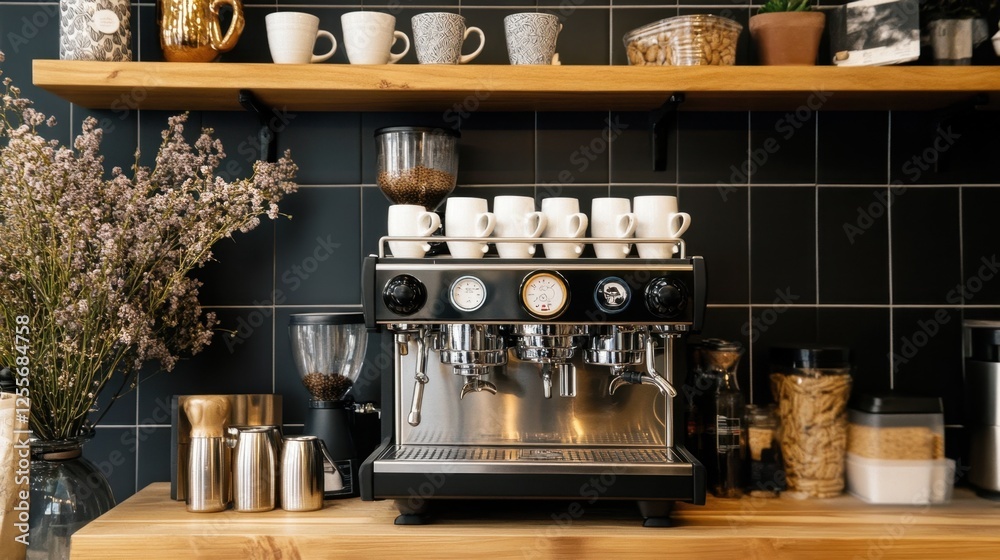 Home coffee station with a stylish espresso machine, ceramic mugs, and decorative wall shelves. Home coffee station with a stylish espresso machine, ceramic mugs, and decorative wall shelves.