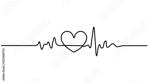 Continuous line drawing of heart with heartbeat. Pulse trace. Cardiogram icon, Heartbeat cardiogram healthcare concept., One line heartbeat graph Vector illustration single sketch outline.