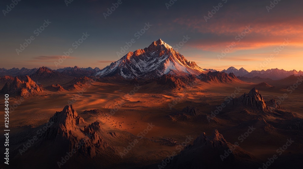 Naklejka premium Majestic Mountain Peak Surrounded by Vast Desert Landscape at Sunset