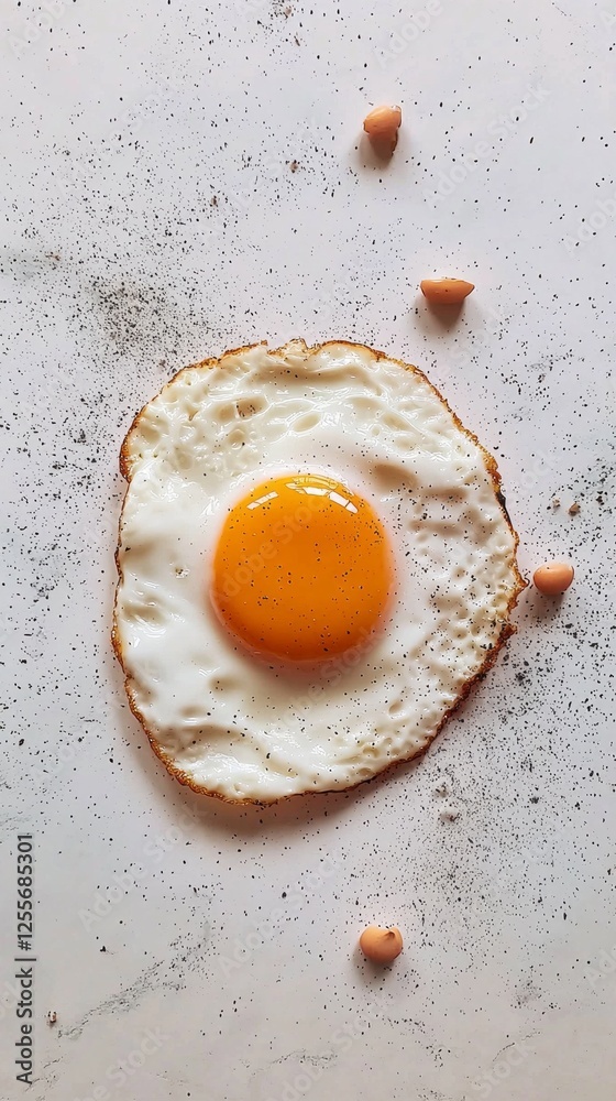 The image captures a perfectly fried egg, yolk bright and glistening, surrounded by a sprinkle of pepper. Ideal for culinary enthusiasts seeking inspiration in minimalist presentations The image captures a perfectly fried egg, yolk bright and glistening, surrounded by a sprinkle of pepper. Ideal for culinary enthusiasts seeking inspiration in minimalist presentations
