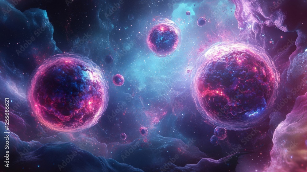 Naklejka premium Vibrant Pink And Blue Nebula With Glowing Planets
