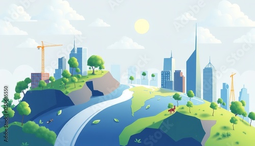 Modern Cityscape Green Sustainable Environment Illustration Design Graphic Urban Nature Peaceful Harmony City Buildings Trees Sky Clouds Eco Friendly  photo