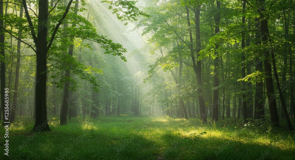 Obraz premium Sun Rays Streaming Through Green Forest Canopy Creating a Magical Scene