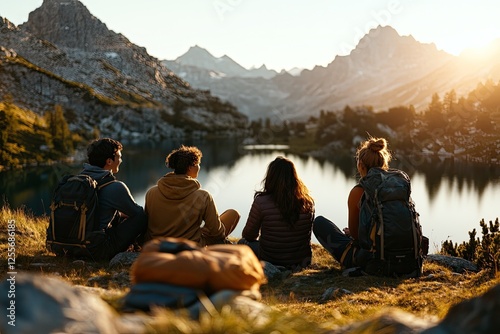 Friends enjoying sunset by serene lake, surrounded by majestic m