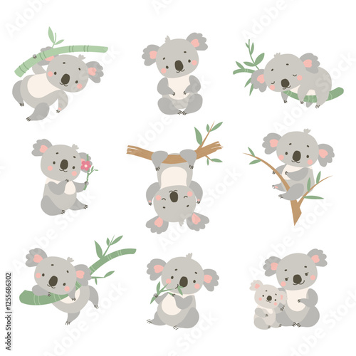 Cute koala. Cartoon koalas, wild australian bears on eucalyptus tree branches. Funny animals in different poses, children mascots nowaday vector clipart