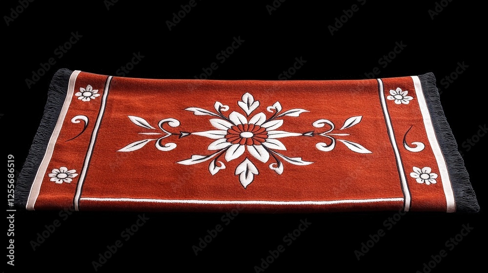 Elegant Floral Pattern on a Rich Orange Textile with Fringes and Artistic Detailing Elegant Floral Pattern on a Rich Orange Textile with Fringes and Artistic Detailing
