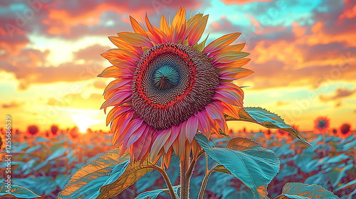 Vibrant sunflower at sunset, showcasing vivid colors and artistic style. Ideal for nature, summer, and inspirational themes. Use in websites, social media, or print projects for a captivating visual.