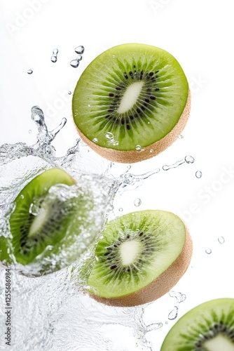 Sliced kiwi fruits splash into clear water, creating vibrant dro photo