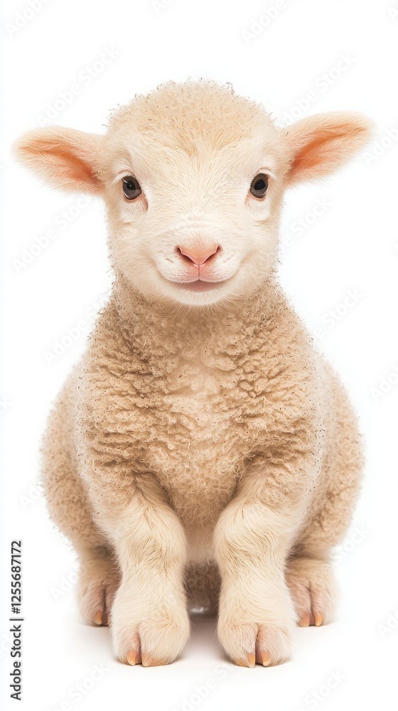 Fototapeta premium Easter spiritual festival religion. A cute, fluffy lamb sits calmly, showcasing its soft wool and innocent expression against a plain background.