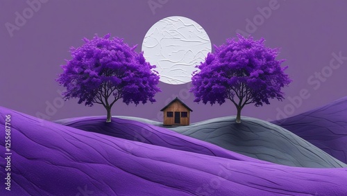 a small wooden house located between two large trees