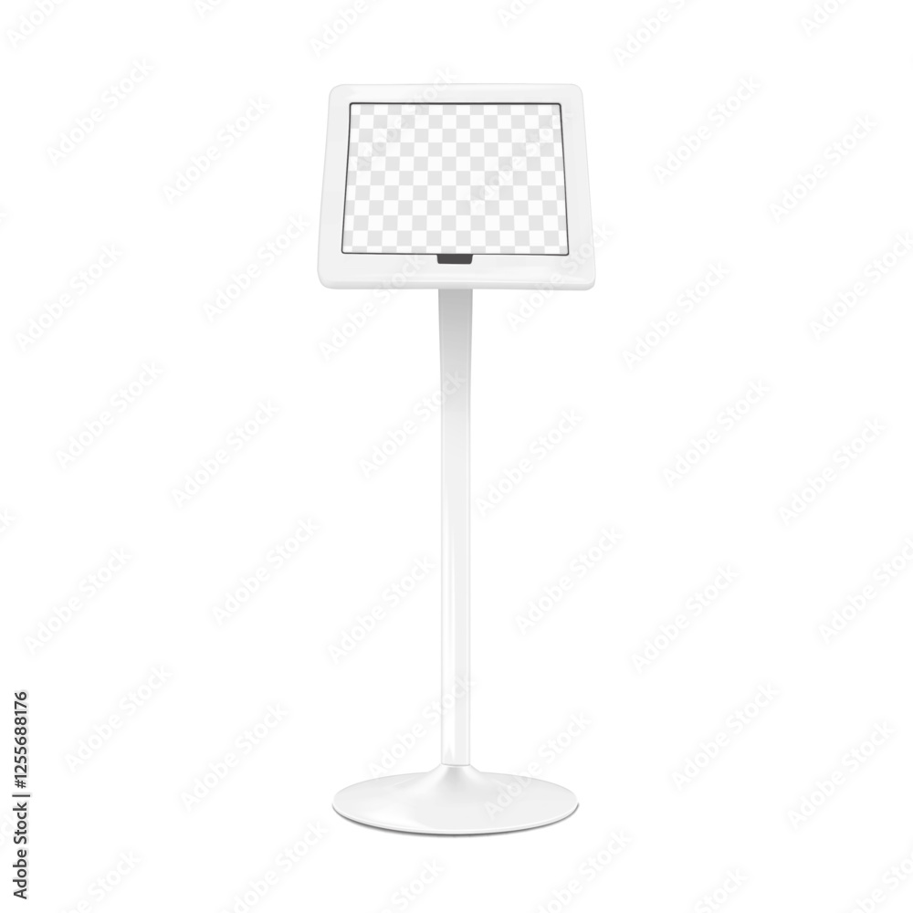 Digital tablet holder on metal base with transparent screen front view vector mockup. Floor ipad podium stand mock-up. Menu information display board. Template for design Digital tablet holder on metal base with transparent screen front view vector mockup. Floor ipad podium stand mock-up. Menu information display board. Template for design