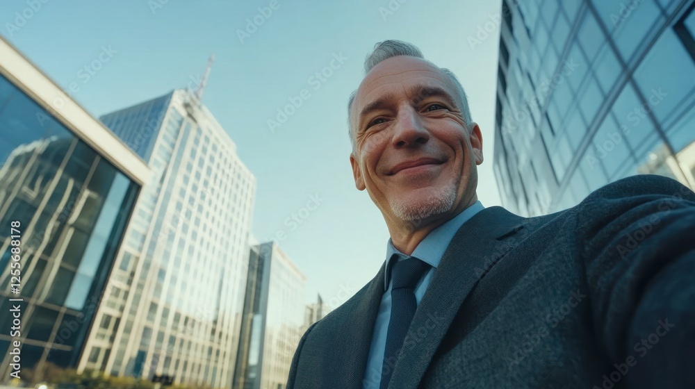 Smiling Businessman with Modern Buildings in Background, Optimistic Outlook Smiling Businessman with Modern Buildings in Background, Optimistic Outlook